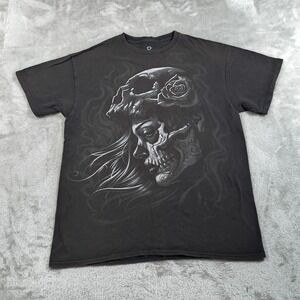 Vintage Skull Liquid Shirt Mens Large Black Y2K Tattoo Day Of The Dead Grunge